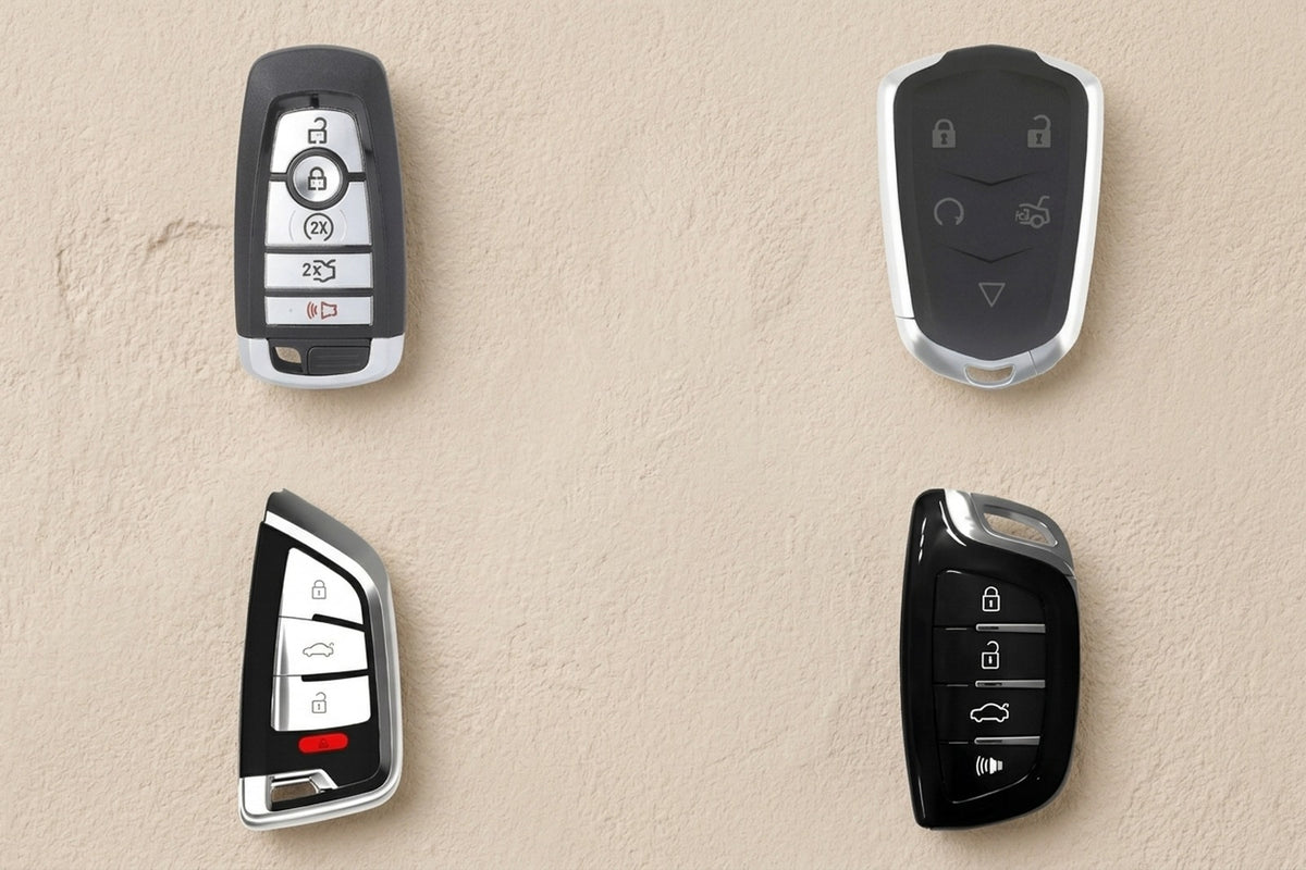 Four universal car key fobs on a textured wall